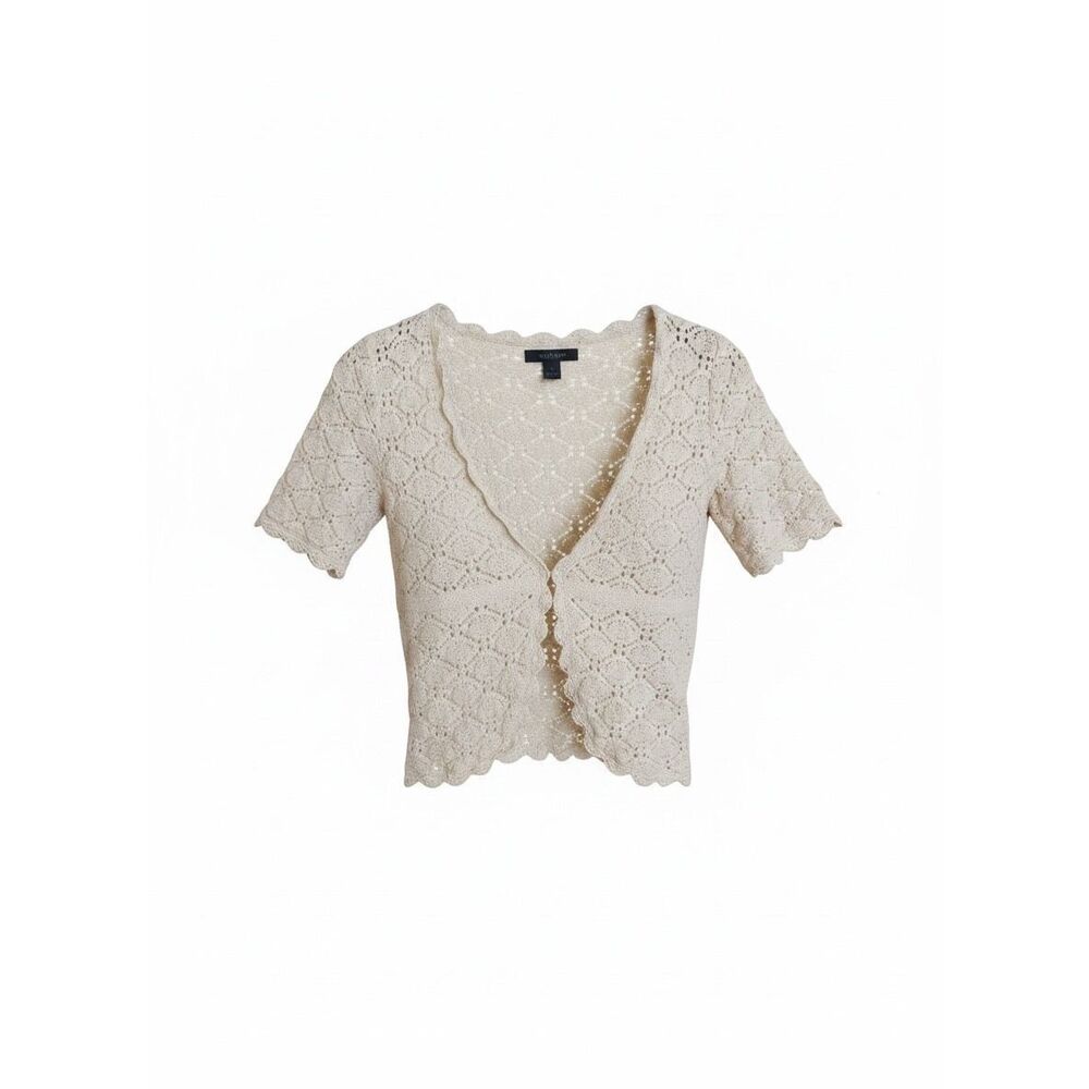 Express Crocheted Knit Short Sleeve 100%‎ Cotton Cardigan Sweater Beige Size XS